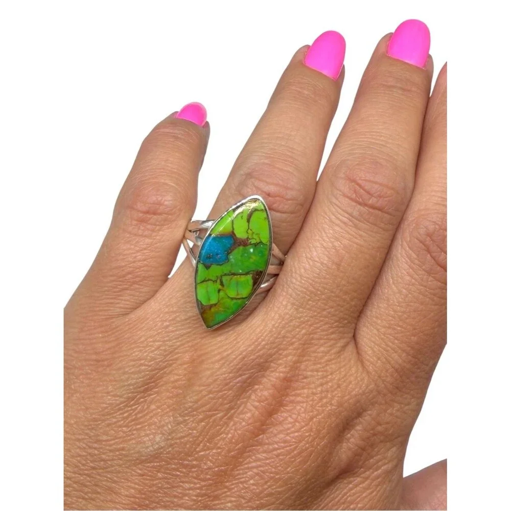 Green & Blue Mohave Turquoise Ring Size 10.5 Solid 925 Sterling Silver